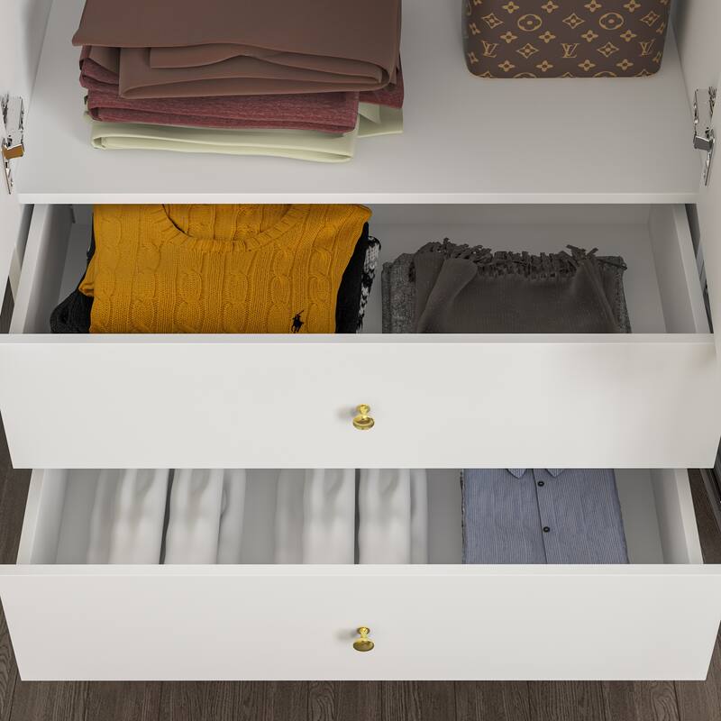 Wooden 2 Drawers 4 Doors Wardrobe Armoire With Mirror (Gray/Black)