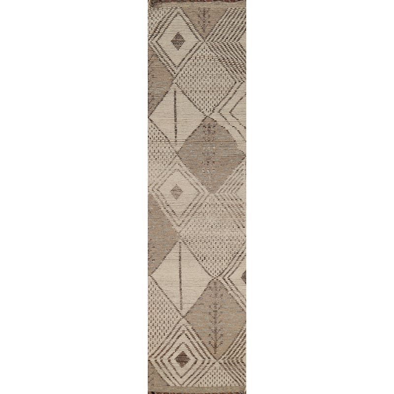 Geometric Moroccan Oriental Runner Rug Handmade Wool Carpet - 2'5"x 13'1"