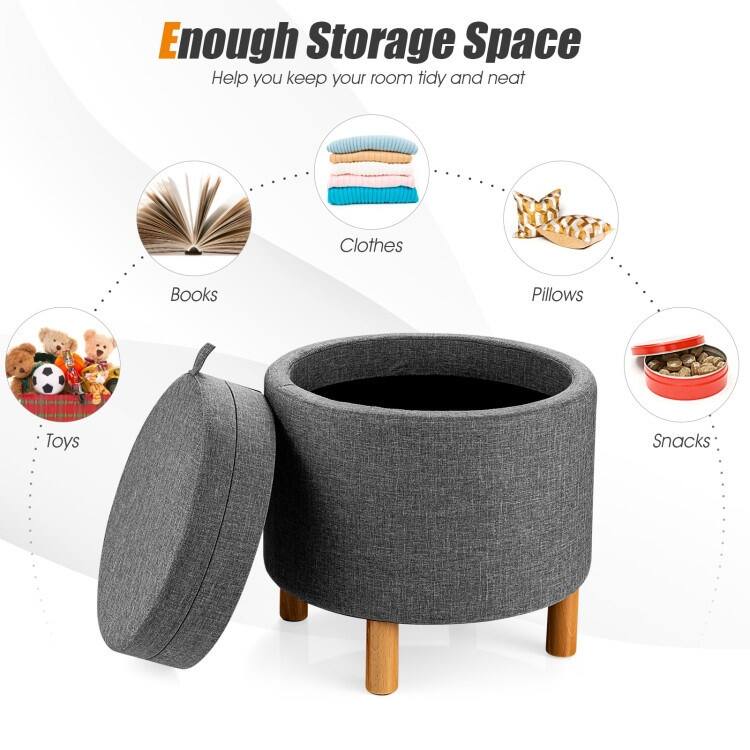 Round Fabric Storage Ottoman with Tray and NonSlip Pads Bed Bath