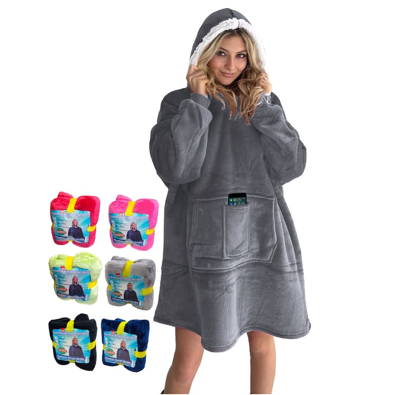 Wearable Hoodie Blanket & Oversized Sherpa Fleece Sweatshirt In One TV Blanket - Grey