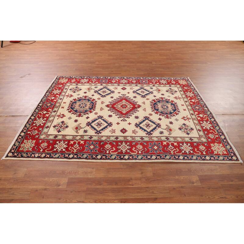 Geometric Beige Kazak Oriental Area Rug Handmade Wool Carpet - 5'0" x 6'8"