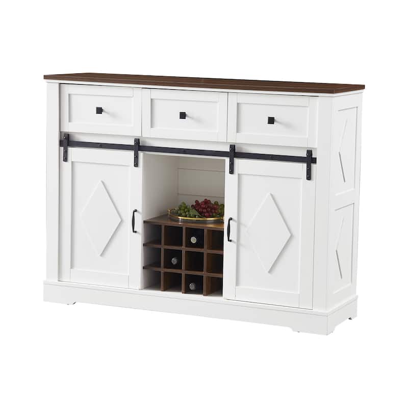 Farmhouse Buffet Cabinet with Sliding Barn Door, Storage Shelves and 3 Drawers