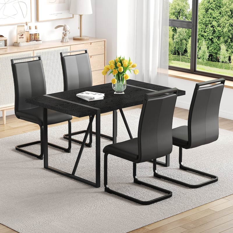 5/7-Piece Dining Table Set with PU Chairs, Modern Rectangular Dining Room Table Set for 4-6 People