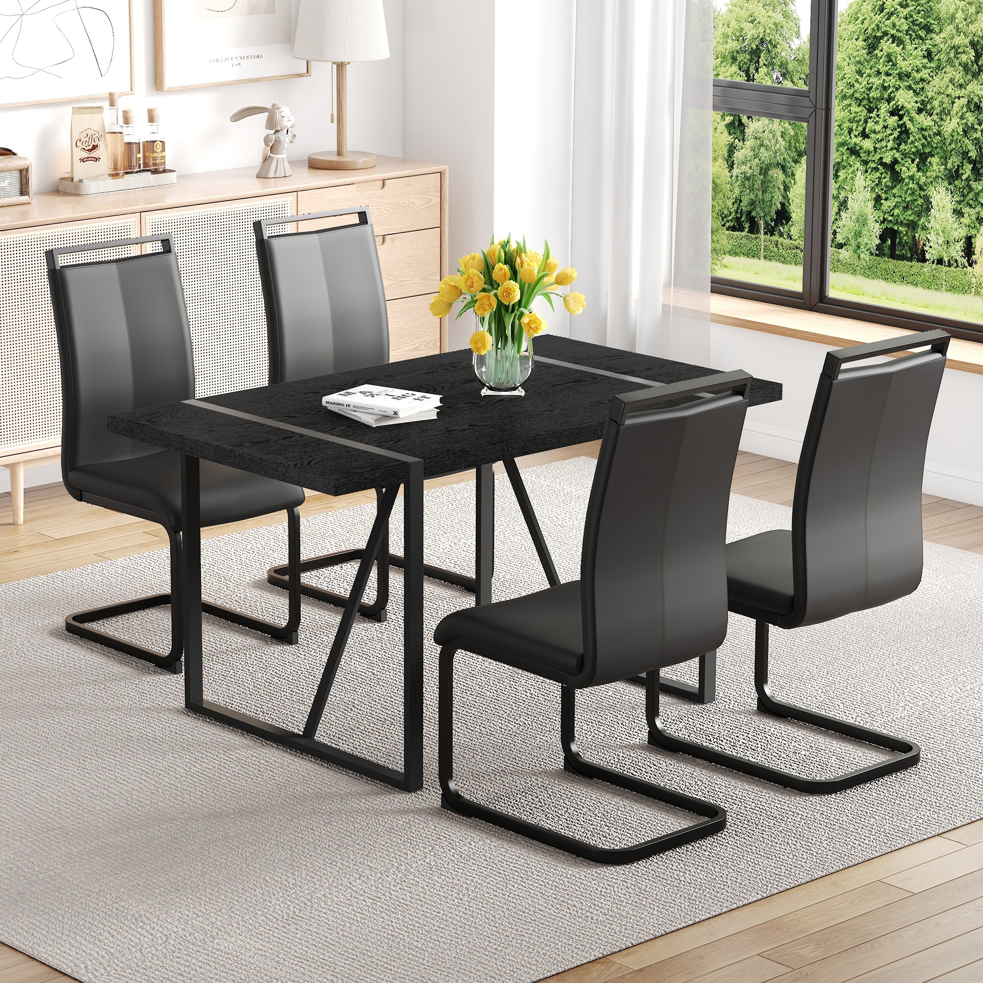 Faux Wood Grain MDF Dining Table Set Minimalist Retro Rectangular Table Paired With Four PU Chairs Arched Metal Legs