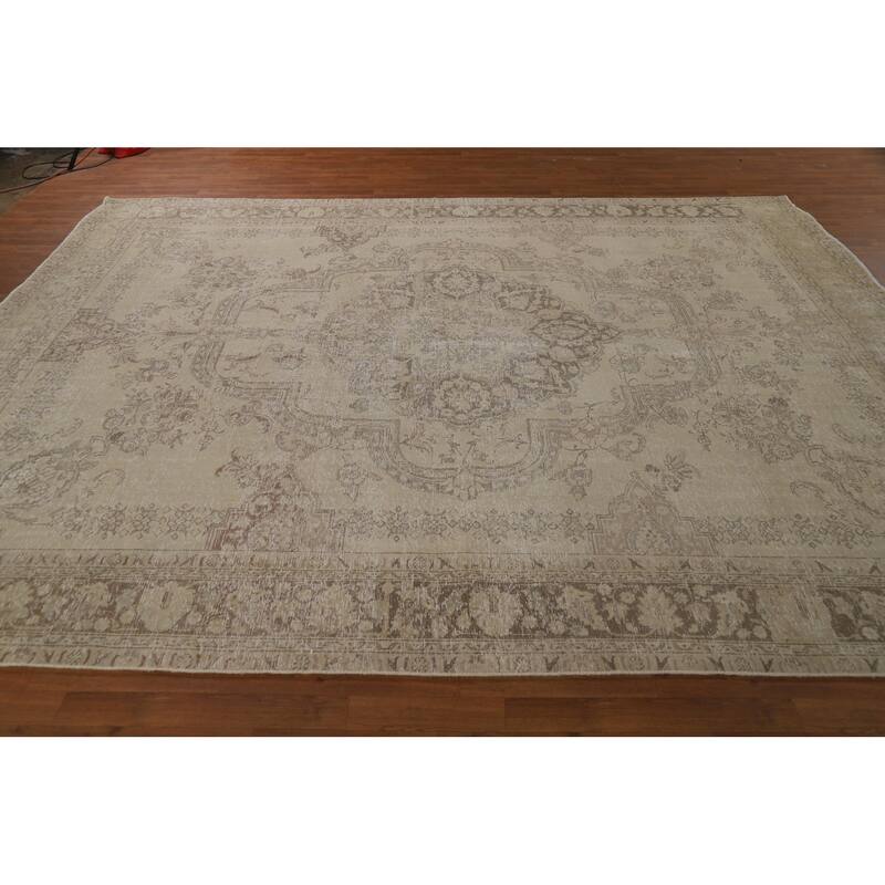 Tabriz Persian Vintage Rug Hand-Knotted Traditional Beige Wool Carpet - 9'9"x 12'6"