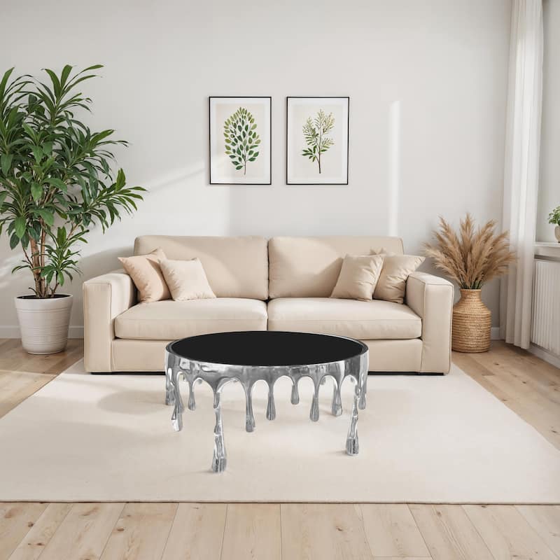 Capri Coffee Table, 36 Inch Round Glass Top, Melting Drip Design, Silver
