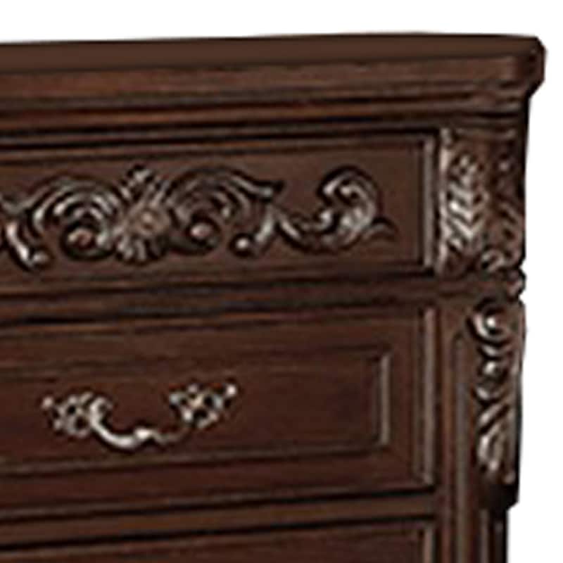 30 Inches 3 Drawer Engraved Wooden Nightstand, Brown