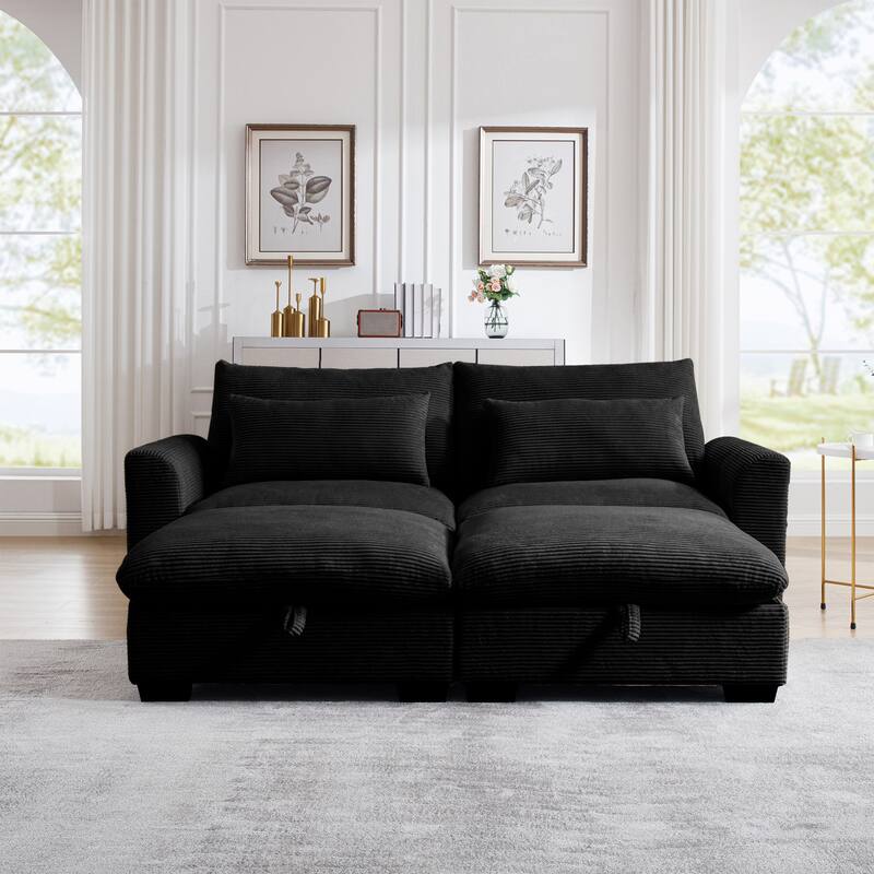 Corduroy Loveseat Sofa Couch with Storage Ottomans, Modern Sectional 2 Seater Sofa with Deep Seat, Pillows for Small Spaces