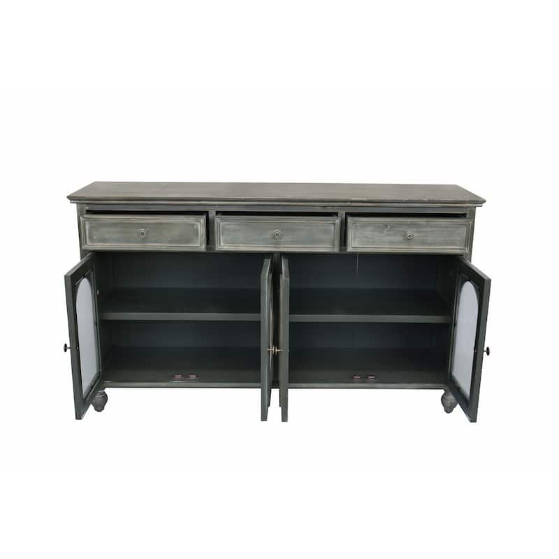 59.06"Farmhouse Sideboard Buffet Cabinet, Distressed Wood Credenza with 3 Drawers & 4 Glass Doors, Storage Cabinet with Shelves