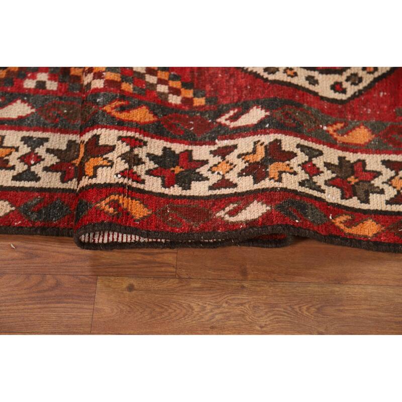 Red Geometric Distressed Bakhtiari Persian Vintage Wool Carpet - 5'0"x 10'1"