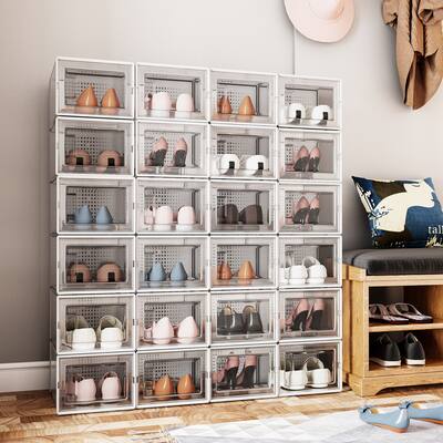 24 Pack Shoe Storage Box, Plastic Foldable Shoe Box, Stackable Clear Shoe Organizer