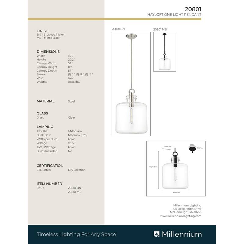 Millennium Lighting Hayloft 1 Light Pendant Fixture