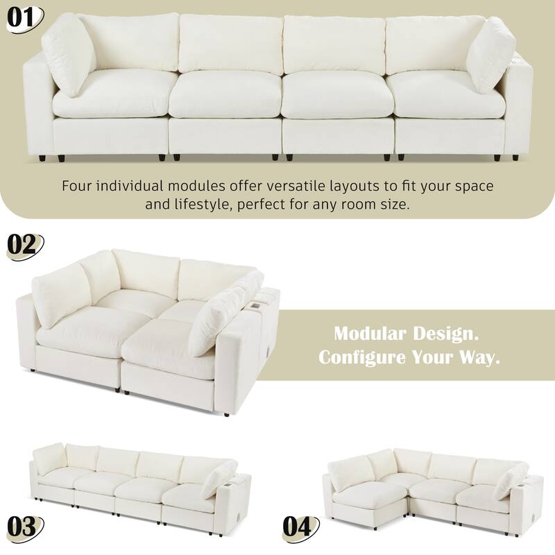 Roomfitters 133.5" Upholstered Modular Sectional Sofa with Storage Space and Built-in USB Charging for Living Room, Beige