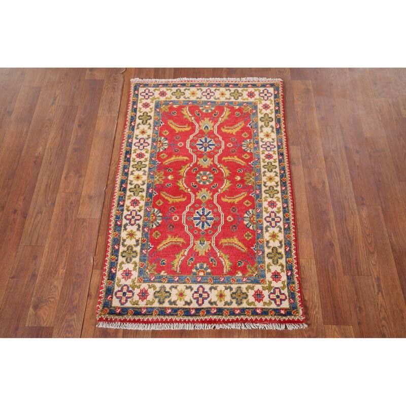 Hand Knotted Oriental 100% Wool Carpet Traditional Floral Red Kazak Area Rug - 3' 3'' X 2' 1''