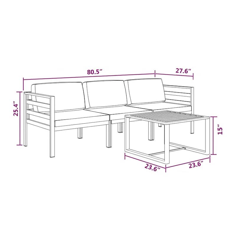 Shina 4pc Outdoor Modular Sofa Set, Dark Gray Aluminum, Cushions