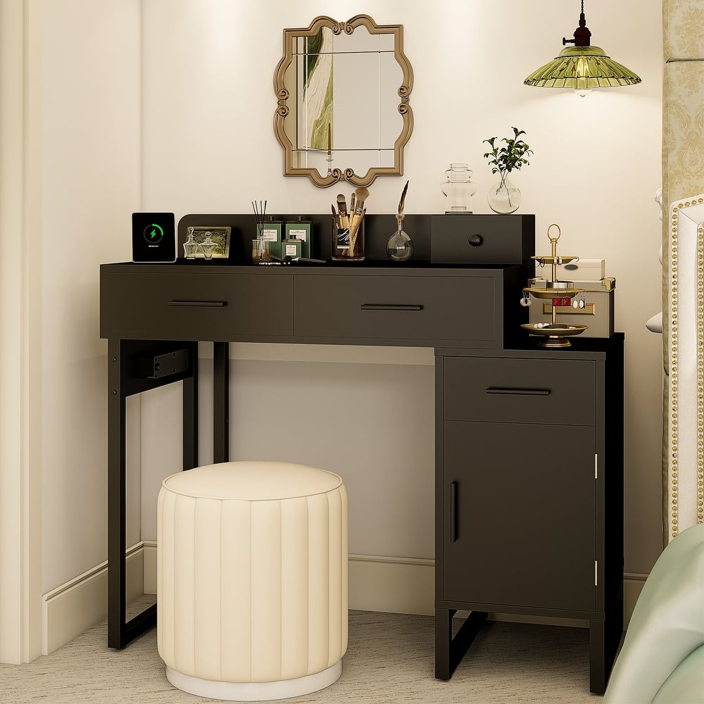 Reversible Makeup Vanity Desk With Charging Station and 4 Wooden Drawers and 1 Cabinet