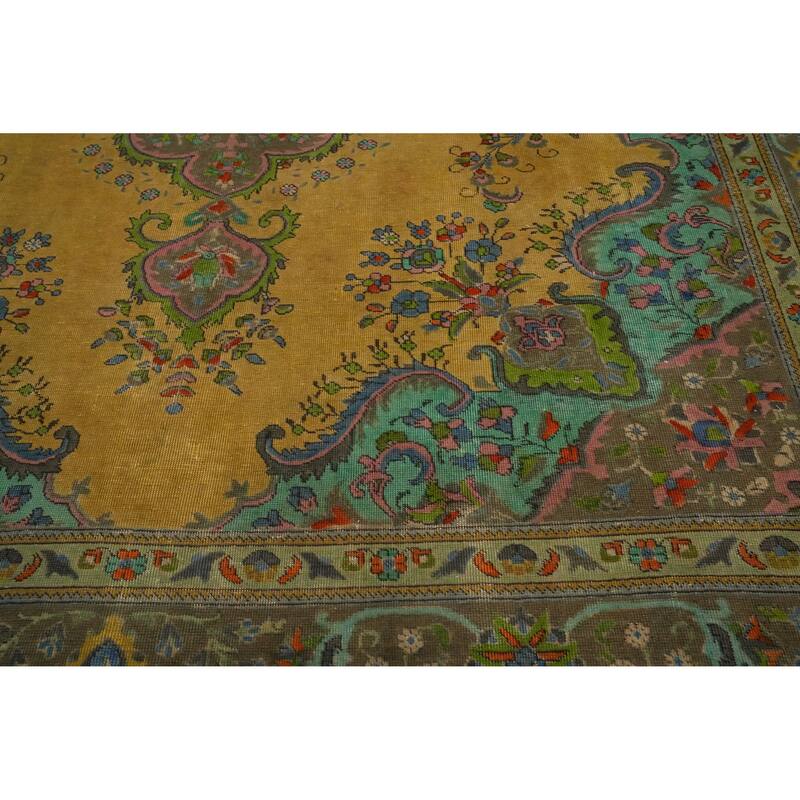 Hand Knotted Oriental 100% Wool Carpet Traditional Floral Yellow & Gold Tabriz Area Rug - 12' 3'' X 9' 5''