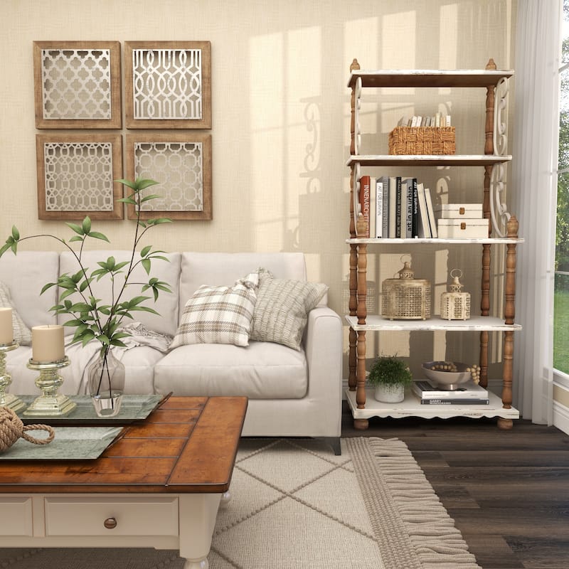 Wood Distressed Turned 5 Shelf Shelving Unit with Brown Spindle Sides and Ball Feet - White - Roche River Decor