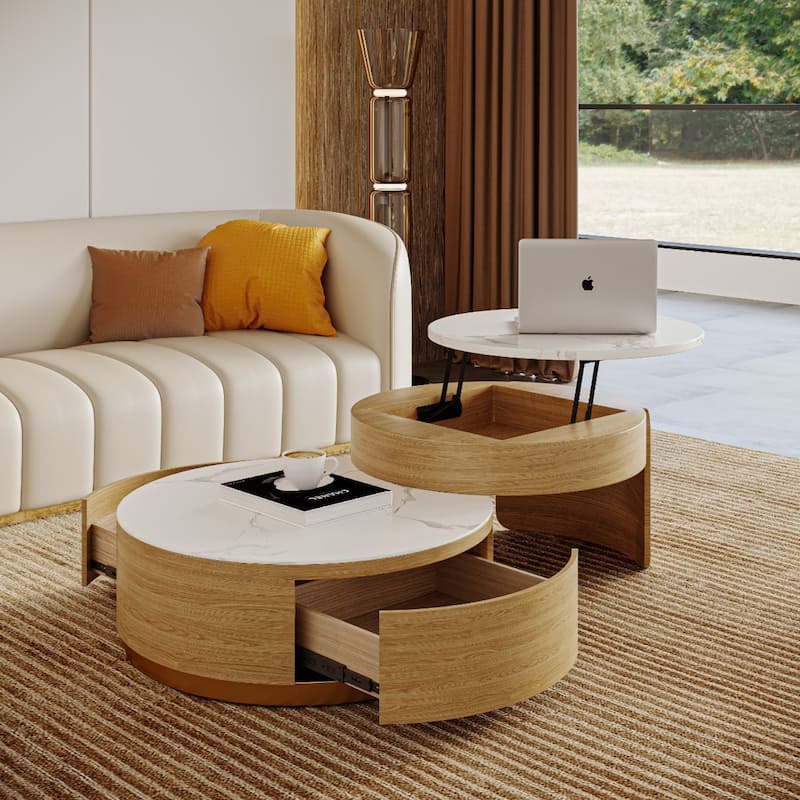 Modern Nesting Coffee Tables Set Of 2 Irregular Coffee Table With Glass Top End Table For Living Room Apartment Balcony 2 In 1 Design - Beige+White