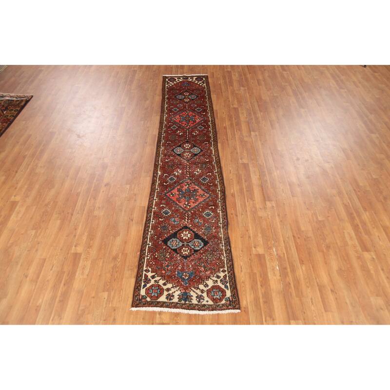 Hand Knotted Oriental 100% Wool Carpet Traditional Geometric Oranges & Rust Heriz (serapi) Runner Rug - 10' 7'' X 2' 1''