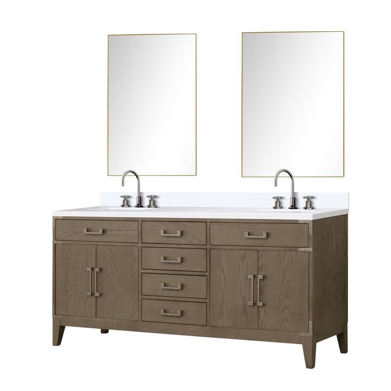 Laurel 60 in W x 22 in D Black Oak Double Bath Vanity, White Quartz Top, Faucet Set, and 28 in Mirrors
