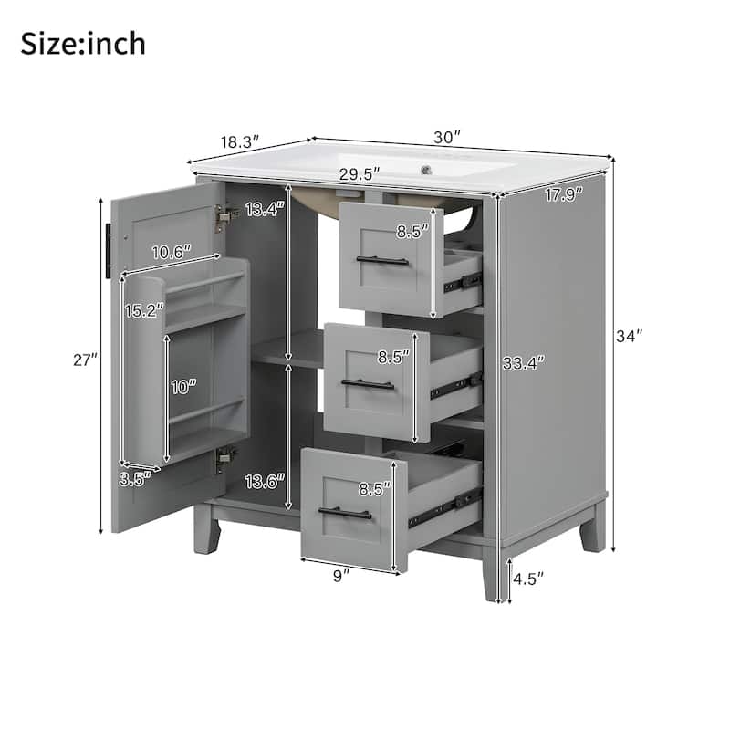 GDFStudio - Tim 30" Modern Bathroom Vanity with Ceramic Sink - Rubberwood Frame, 3 Drawers & Double-Rack Door, Soft-Close