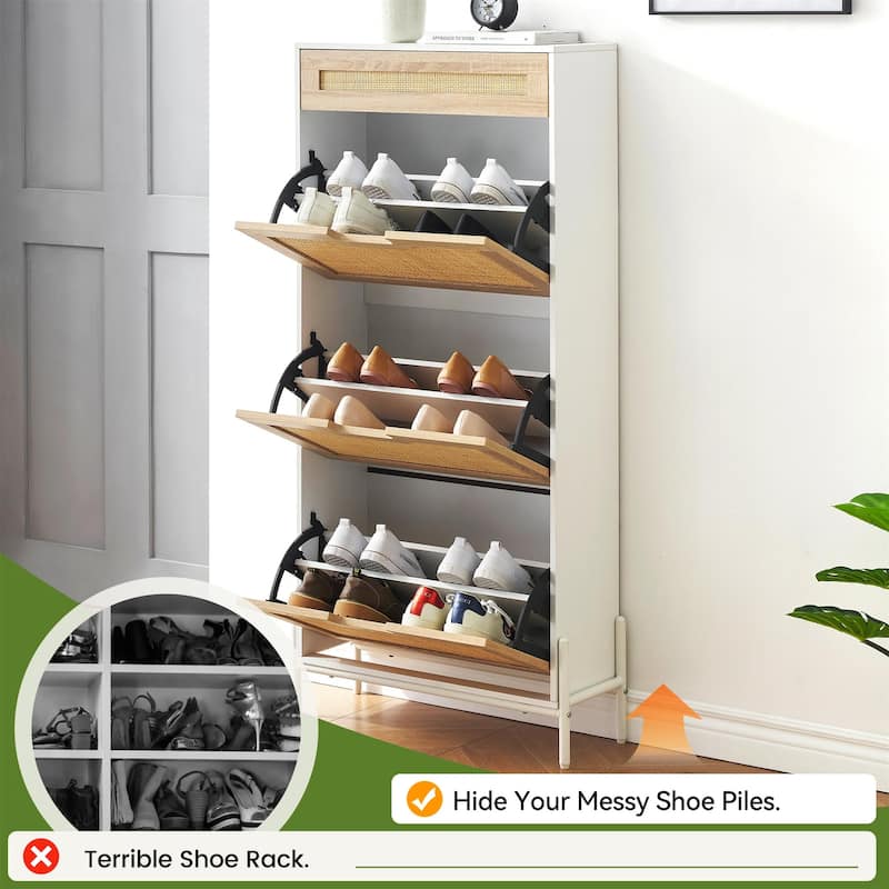 Rattan Shoe Cabinet with 3 Flip Door 1 Drawer Wooden Free Standing Shoe Racks, Shoe Storage Organizer Shoe Rack - 24x9.4x53.7in