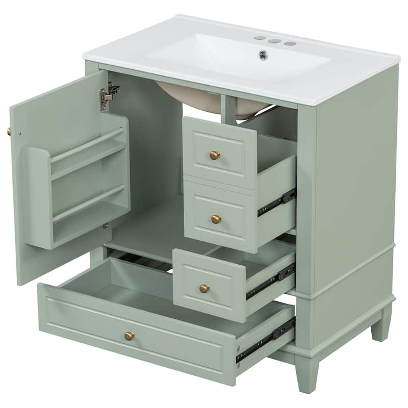 30" Bathroom Vanity w/Ceramic Sink and One-Door Shelf, Water-Resistant Wood One Cabinet Vanities w/ 3 Drawers & Soft Close Door
