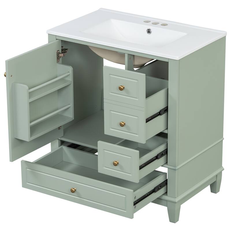 Bathroom Vanity with Ceramic Sink, Free Standing Single Basin Vanity Set with 2-Tier Storage, 3 Drawers & 1 Door