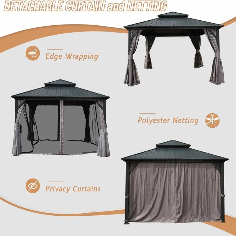 12' X 12' Aluminum Hardtop Gazebo with Steel Roof, Curtains, and Netting for Outdoor Use