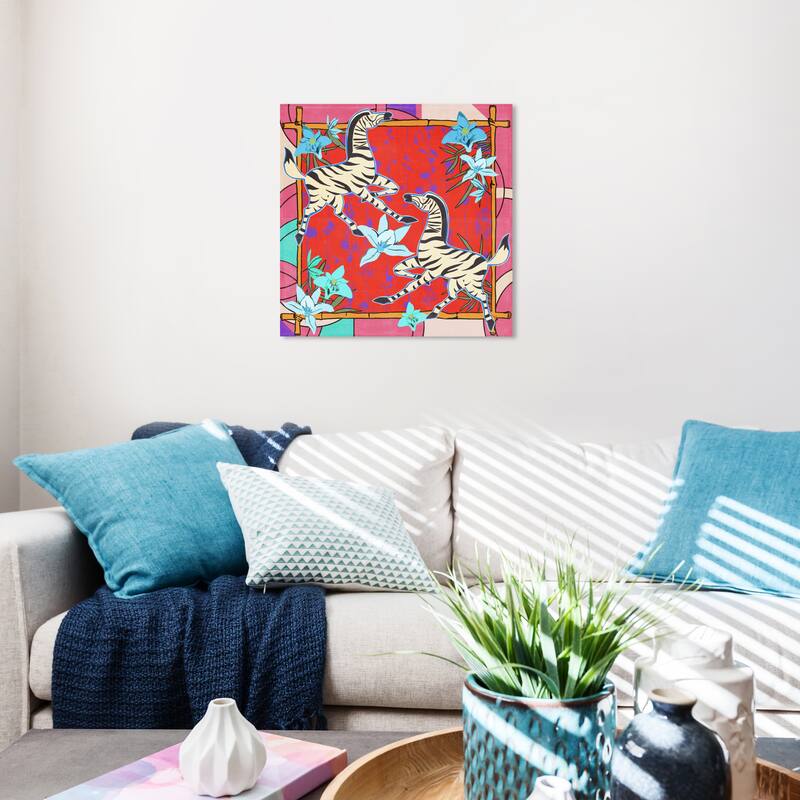 Wynwood Studio Canvas Animals Playful Zebras Red and Modern & Contemporary Wall Art Canvas Print - 20 x 20