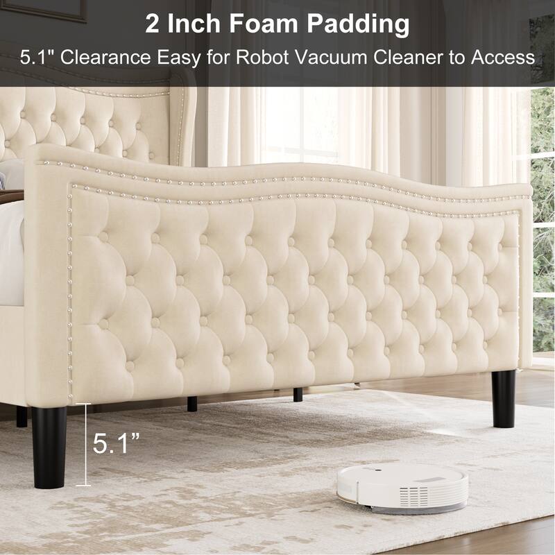 Wingback Platform Bed King Size Velvet Upholstered Bed with Nailhead Trim and Tufted Headboard Footboard, Wood Slats Support