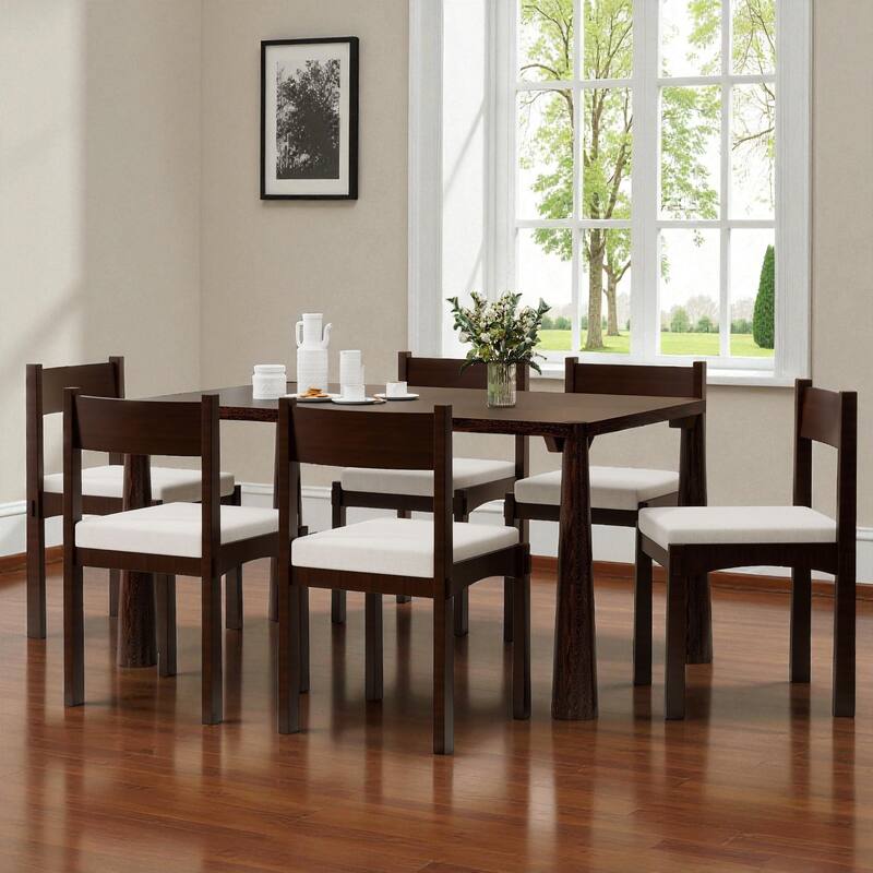 7-Piece Retro Farmhouse Dining Table Set, 59.8" Wood Table with 6 Upholstered Chairs for Dining Room or Kitchen