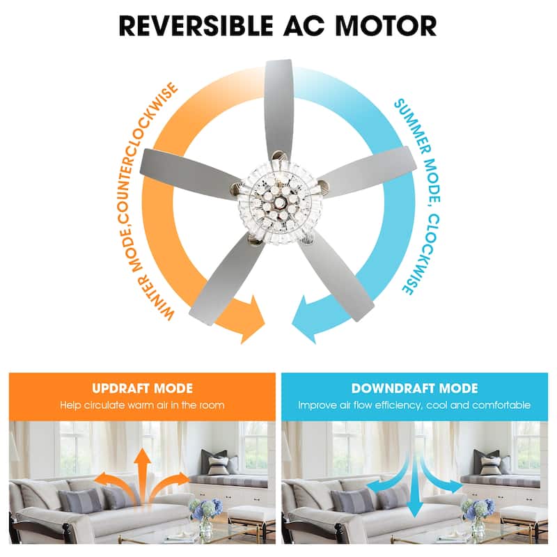 Modern Chrome 52-inch Crystal Chandelier Ceiling Fan with Remote