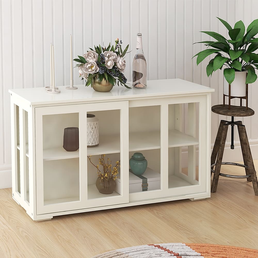 Sideboard Buffet Cabinet, Cupboard Storage Table with Shelf & Glass Sliding Doors, Wood Bar Cabinet - 41.93“W