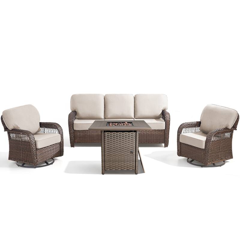 Pocassy Outdoor Sofa Ottoman Swivel Chair Table with Fire Table Set.