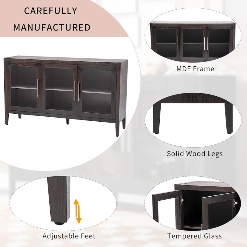 Wood Storage Cabinet with 3 Tempered Glass Doors, Adjustable Shelves,Metal Handles Ideal for Living Room, Study, Entryway
