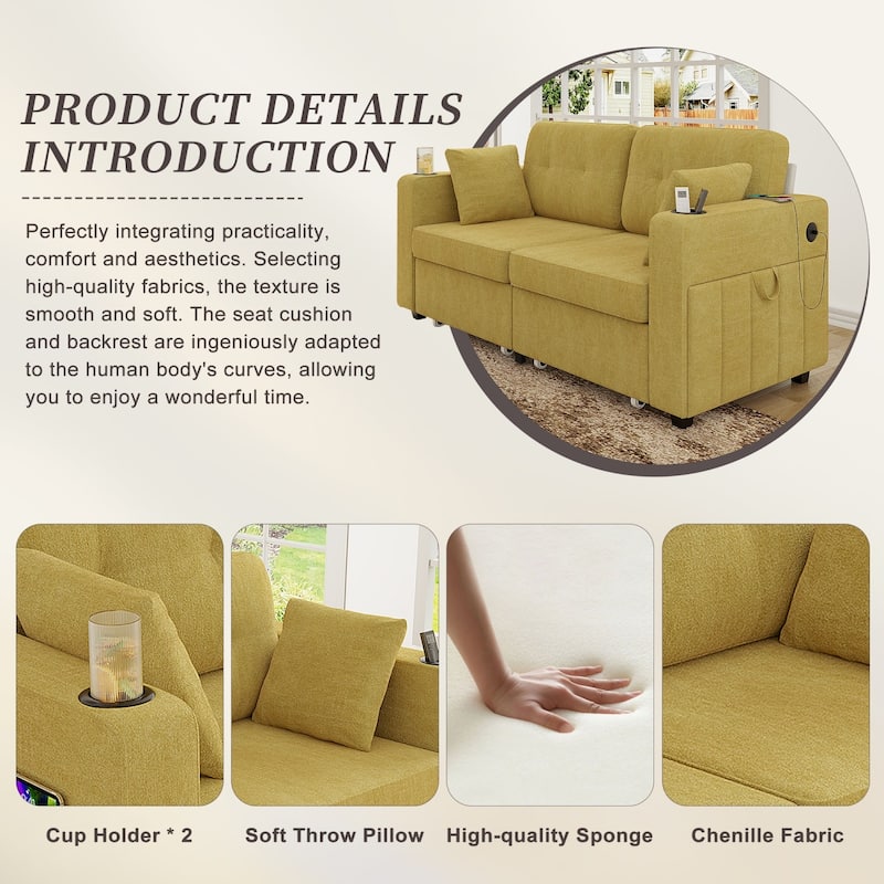 67.76" Chenille 3-Seater Sofa with USB Ports and Storage