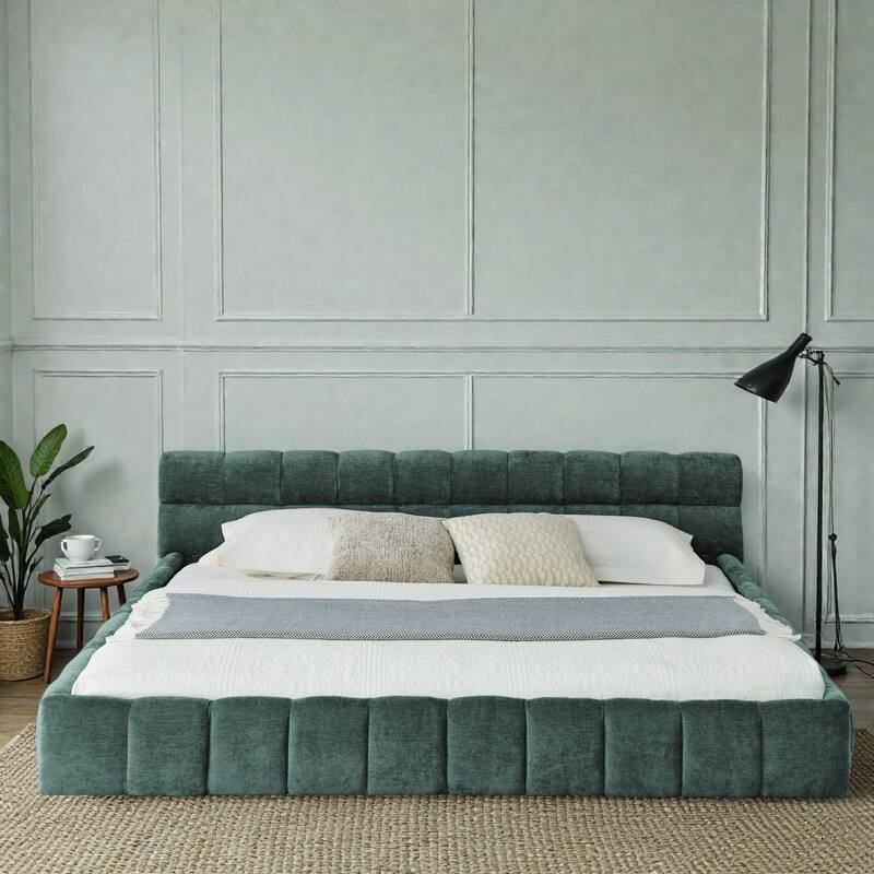 King Upholstered Platform Bed Frame with Thick Chenille Fabric, Grounded Modern Bed with Headboard, No Box Spring Needed - Blue Green - King