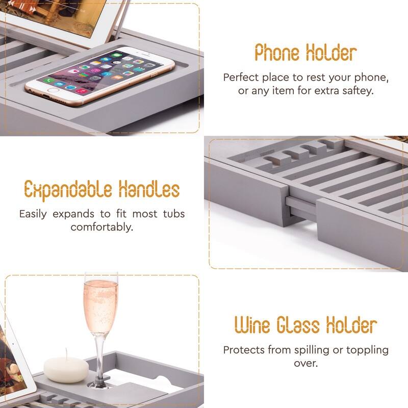 Bambusi Bathtub Caddy Tray with Extending Sides, Reading Stand, Wine Holder and Cellphone Tray