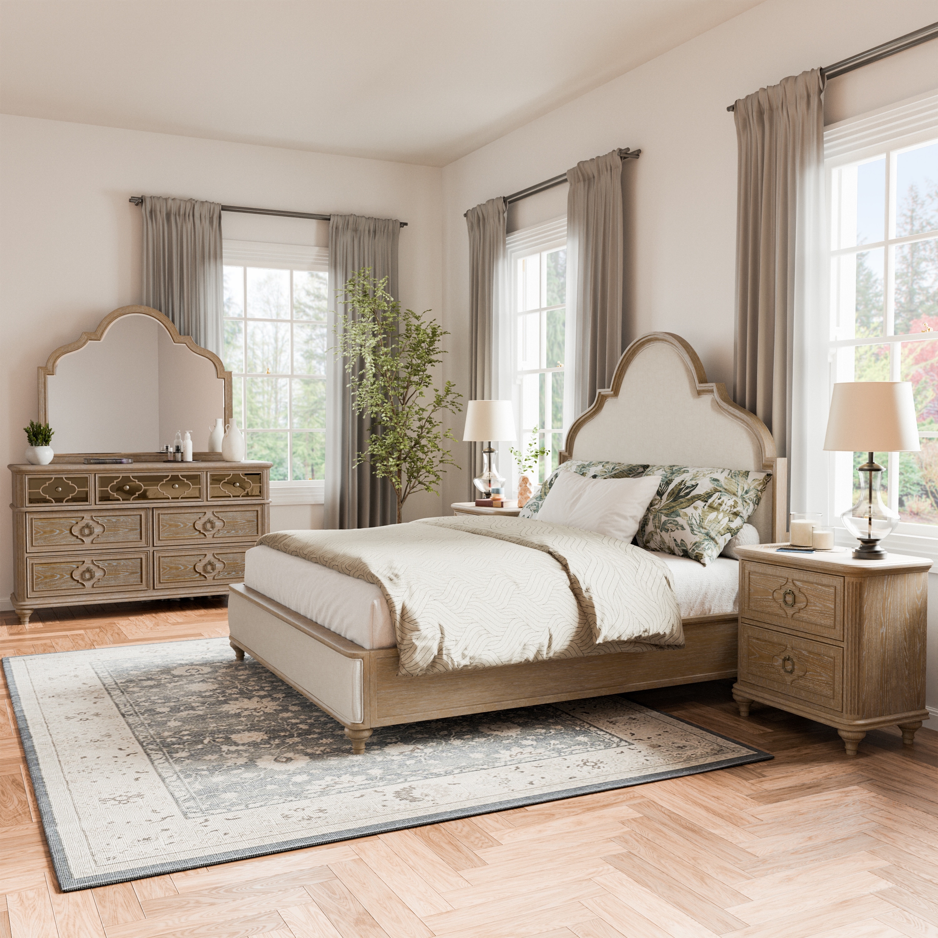 Furniture of America Aveline Modern Rustic Oak 5-Piece Solid Wood Panel Bedroom Set