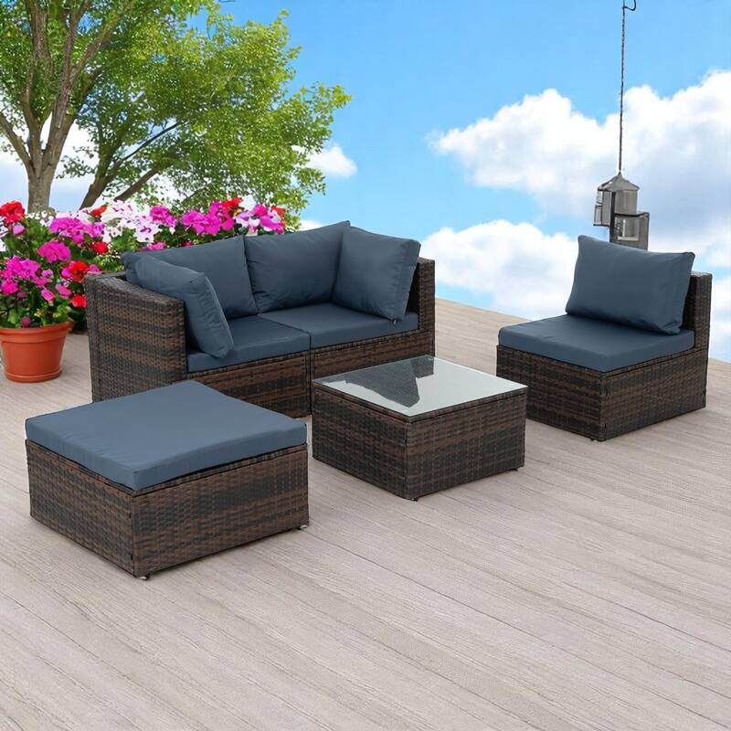 5-Piece Patio Furniture Set with PE Wicker Furniture set, Tempered Glass Table, Cushions with Zipper,Outdoor Furniture set