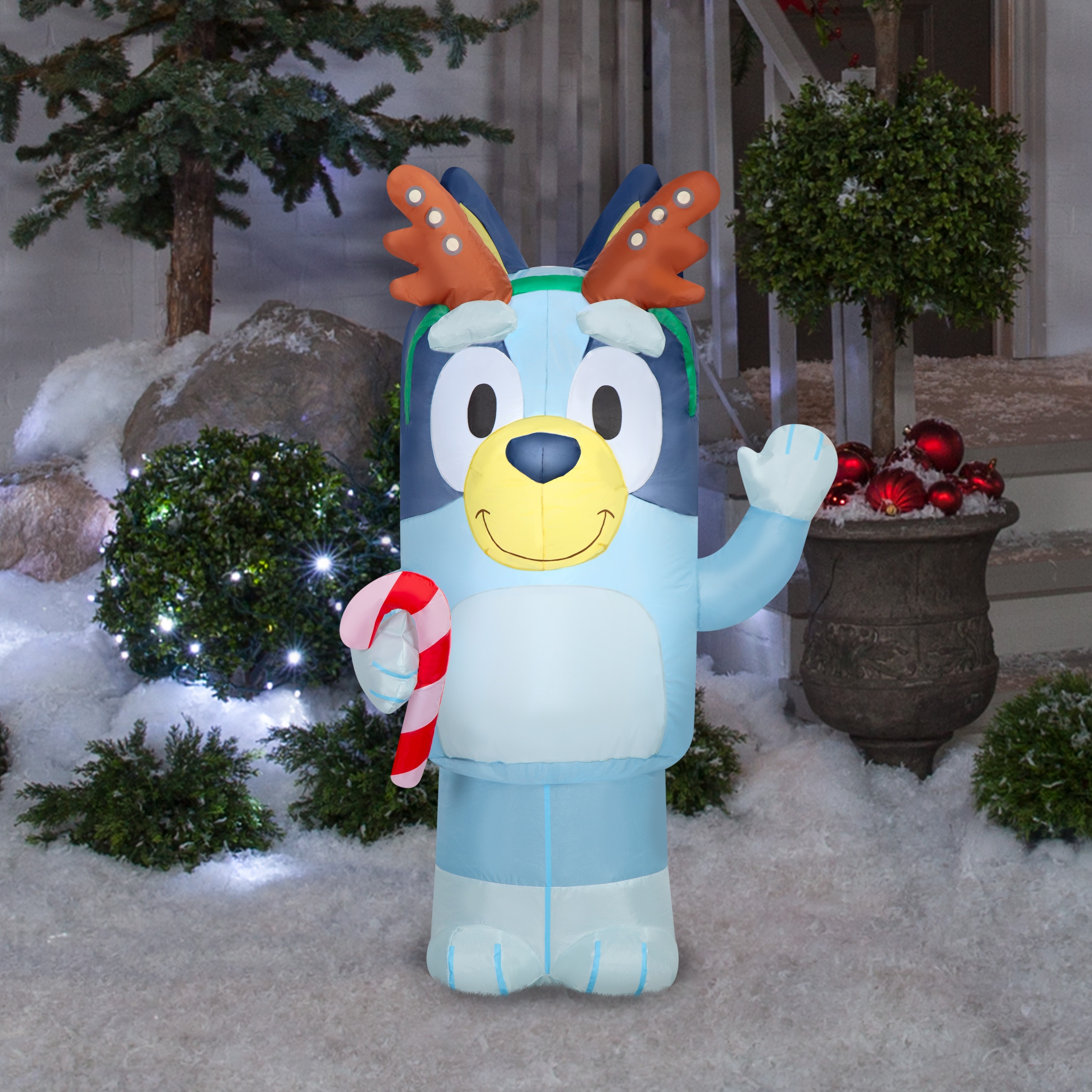 Airblown-Bluey w/Antlers Holding Candy Cane-Bluey