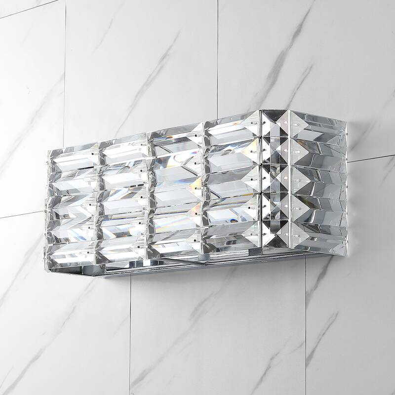 Maeve Crystal Rectangle 3-Light Iron/Crystal Glam Modern LED Vanity Light, by JONATHAN Y