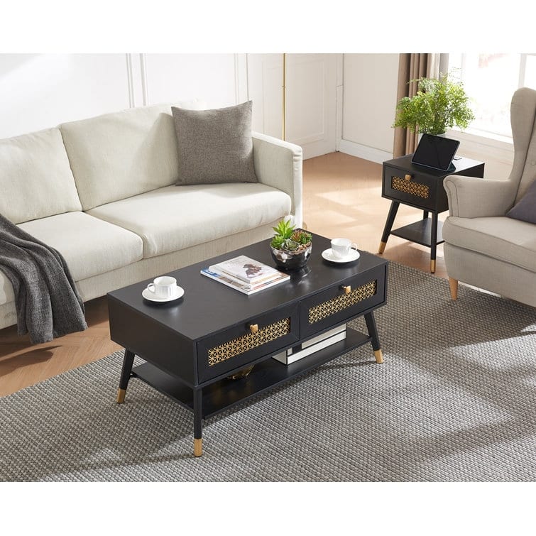 Single Wood Rectangle Coffee Table With 2 Drawers