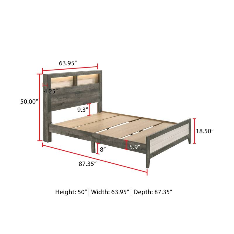 Queen Size Platform Storage Bed with Built-in Lighting, Modern Farmhouse Style, Gray Beige