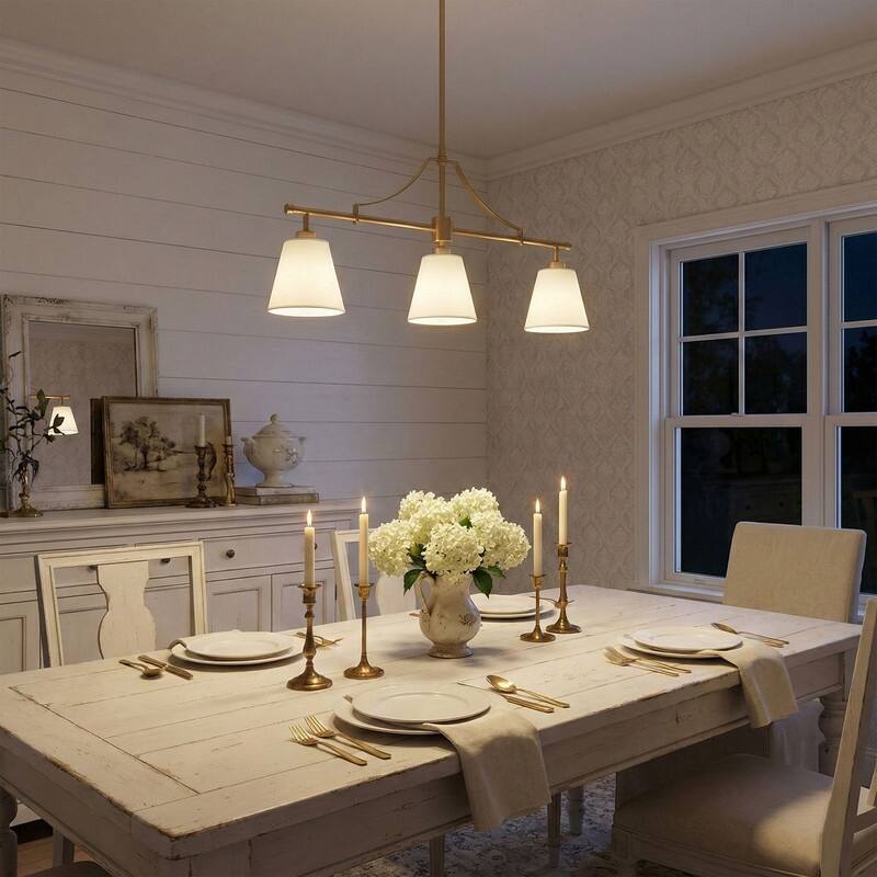 3 Light Linear Island Chandelier Deep Gold Painted Iron Frame Off White Fabric Shades