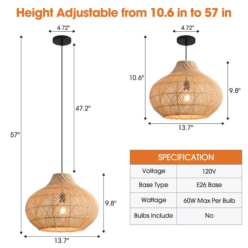 14" Coastal Natural Rattan Woven Round Pendant Light Chandelier