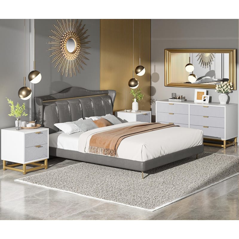 Dresser, 6 Drawer Dresser for Bedroom, Chest of Drawers, Modern Wood Dressers with Gold Metal