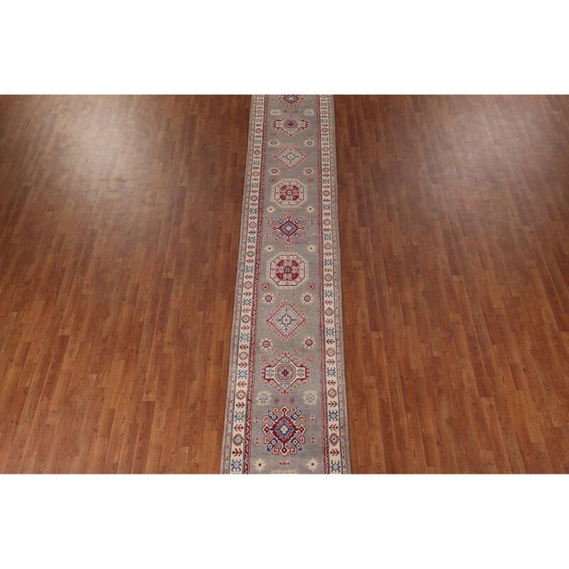 Gray Geometric Kazak Runner Rug Handmade Oriental Wool Carpet - 2'8" x 19'5"